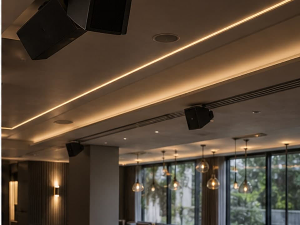 Installed loudspeakers in a warm-lit venue