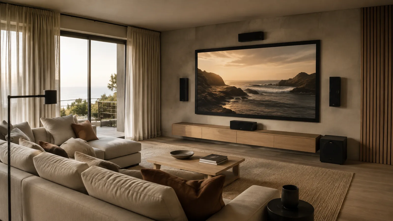 Warm contemporary lounge planned as a discreet home cinema