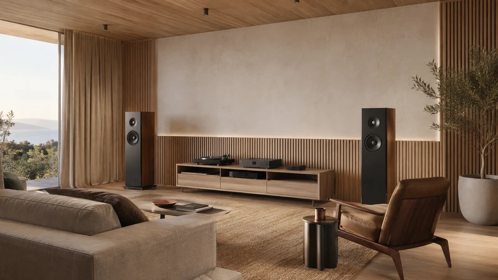 Warm contemporary listening room with a two-channel hi-fi system