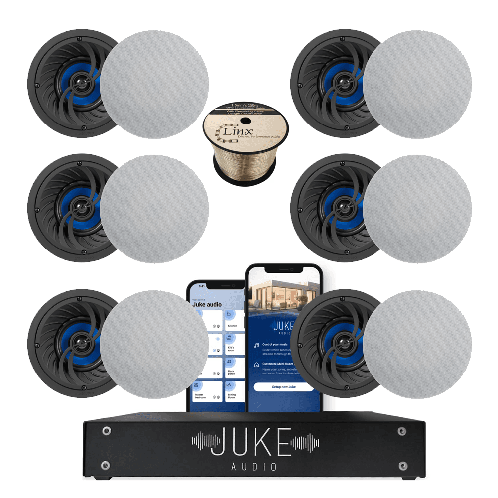 Juke 6 Zone MultiRoom Audio Package - Includes Juke 6 Amp and 12 Lithe 4inch Ceiling Speakers