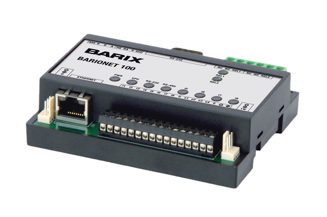 Barix Barionet 50 - Barix universal programmable I/O device server with web server, Modbus/TCP and SNMP support. 2 x Serial ports, 4 x digital Inputs, 4 x relay Outputs & Dallas 1-wire support. Requires 9-30V psu