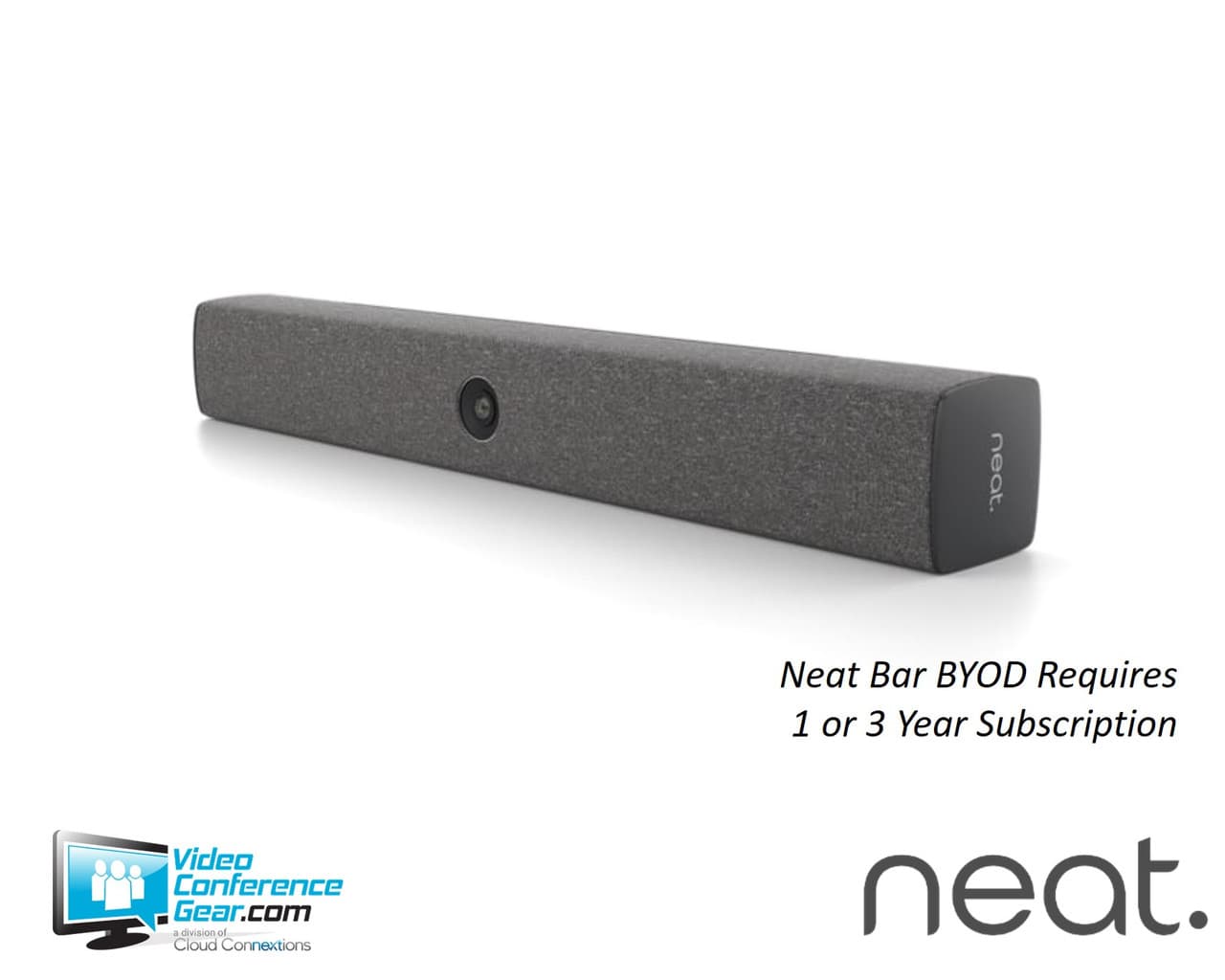 Neat - BYOD BAR - All-in-one video device for Zoom/BYOD. Ideal for small to medium rooms up to 10 people within 15ft/5m. Features a 12MP camera, 120° FOV, 8x digital zoom, auto-framing, 5 mics, and opposing drivers. Mounting hardware included