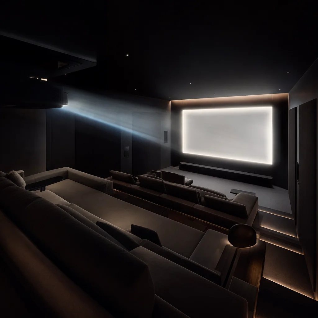 A warmly lit home cinema with a projector beam crossing the room