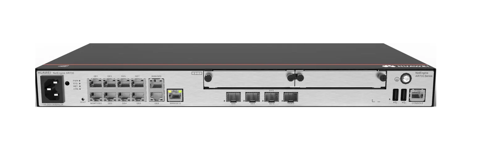 Huawei - Enterprise Router AR730 2 x GE combo WAN, 1 x 10GE(SFP+) WAN, 8 x GE LAN, 1 x GE combo LAN, 2 x USB, 2 x SIC, up to 700 users, forwarding performance 4Gbps