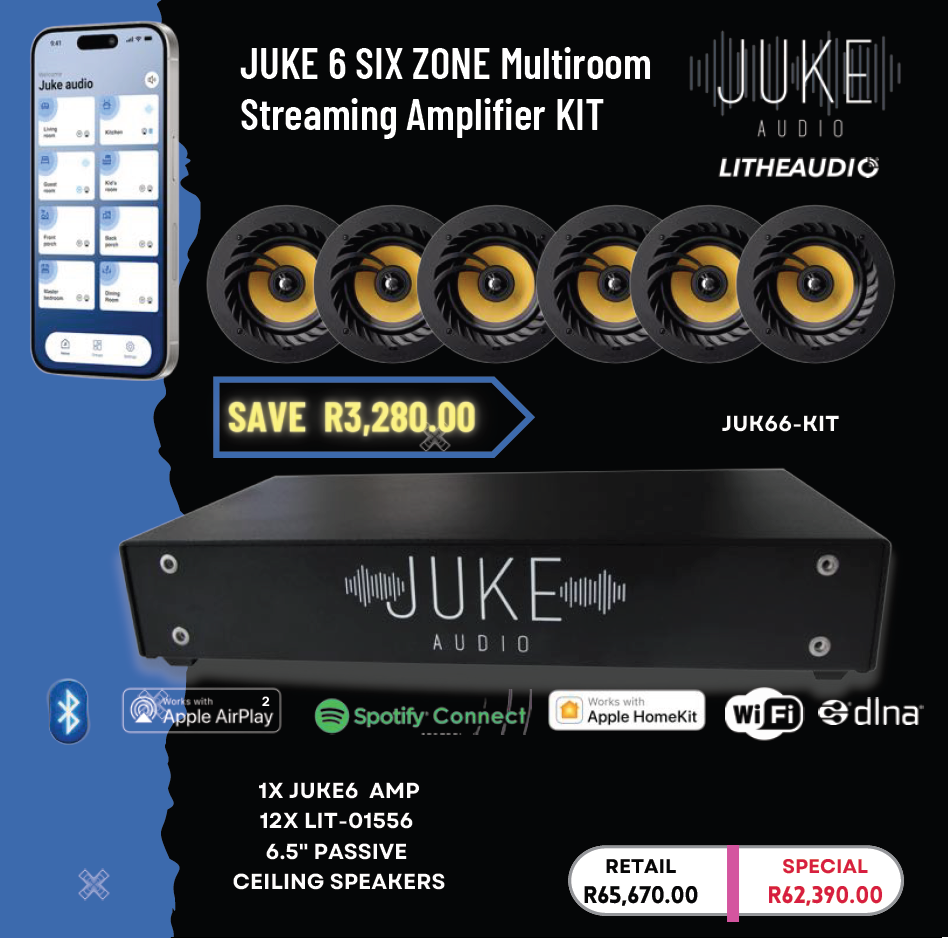 Juke 6 Zone MultiRoom Audio Package - Includes Juke 6 Amp and 12 Lithe  4inch Ceiling Speakers — view 2