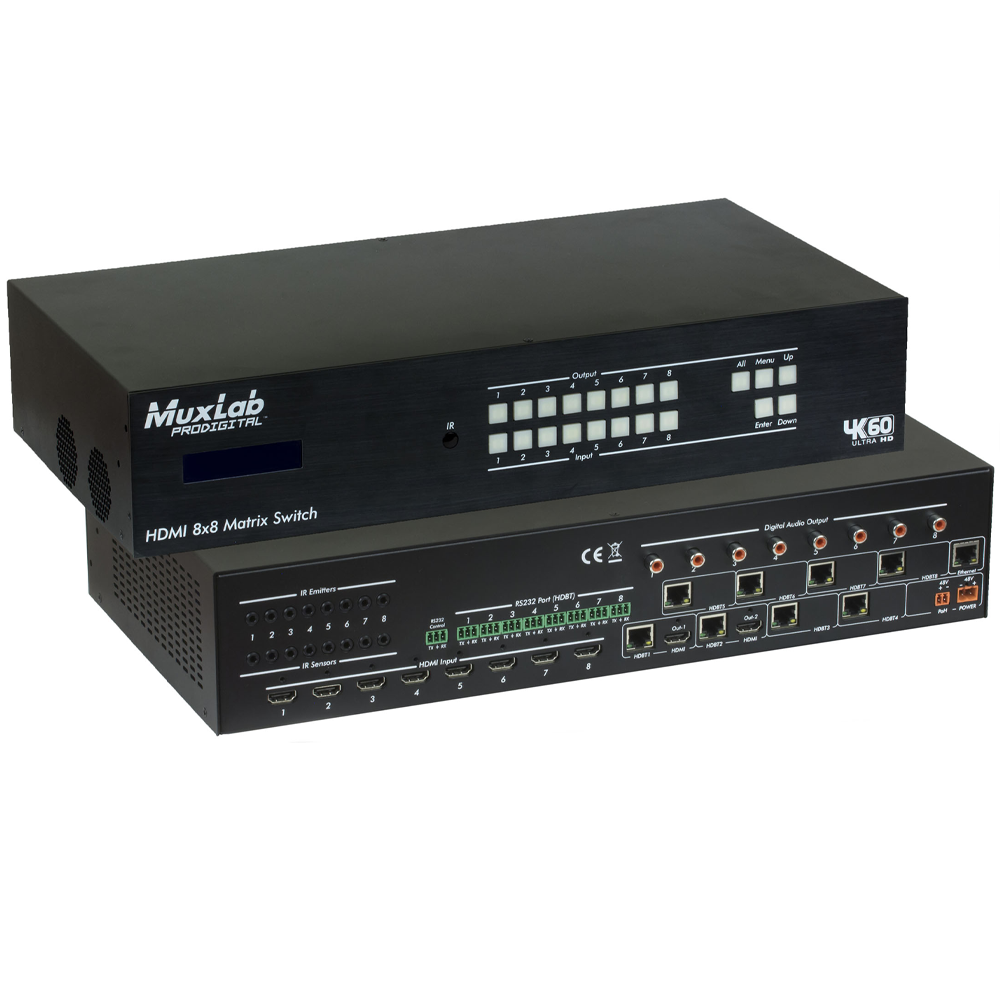 Muxlab HDMI 8×8 Matrix Switch, HDBT, 4K/60 - 8x8 HDBT Video Matrix