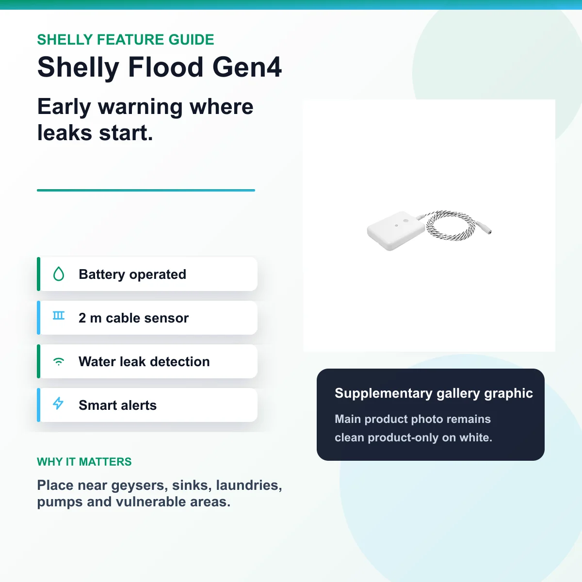 Shelly Flood Gen4 Smart Battery Operated Water Leak Detector With 2m Cable Sensor — view 2
