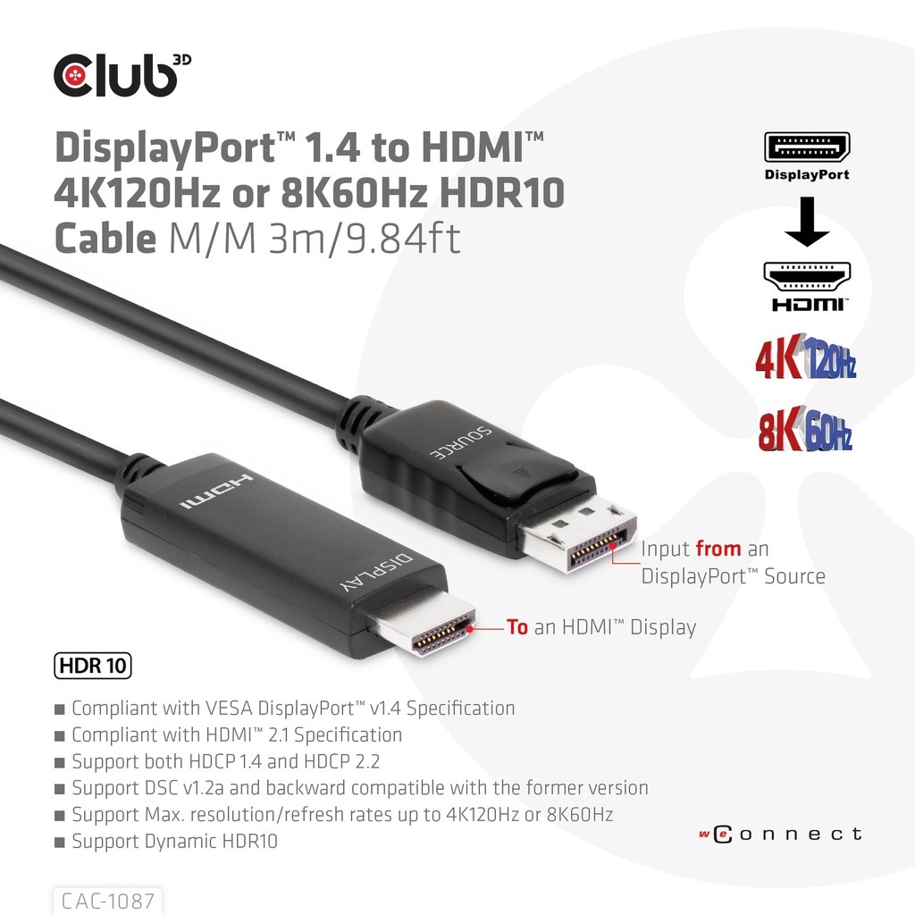 Aqara Club3d Cac-1087 - 3M Displayport 1.4 to HDMI 4K 120Hz or 8K 60Hz HDR10 Cable