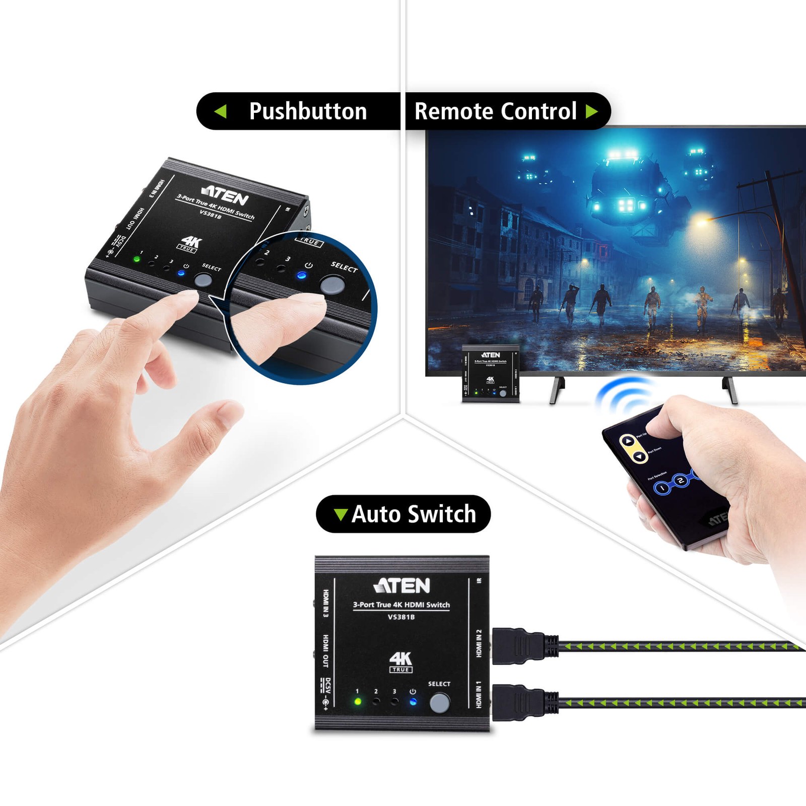 Aten Switch, HDMI, 3 Port - VS381B