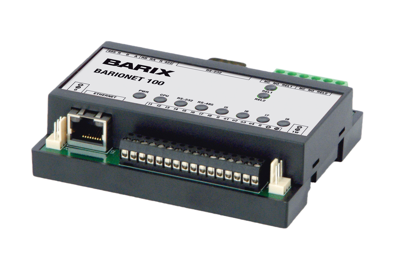 Barix Barionet 50 - Barix universal programmable I/O device server with web server, Modbus/TCP and SNMP support.  2 x Serial ports, 4 x digital Inputs, 4 x relay Outputs & Dallas 1-wire support.  Requires 9-30V psu