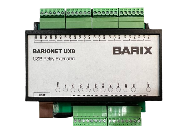 Barix Barionet UX8 - The UX8 is a USB connected and powered IO Extension for IPAM based Barionet devices. It provides a simple way to increase the number of contact closures with 8x Dry Input Contact and 8x Relay outputs with NO and NC positions. Only com
