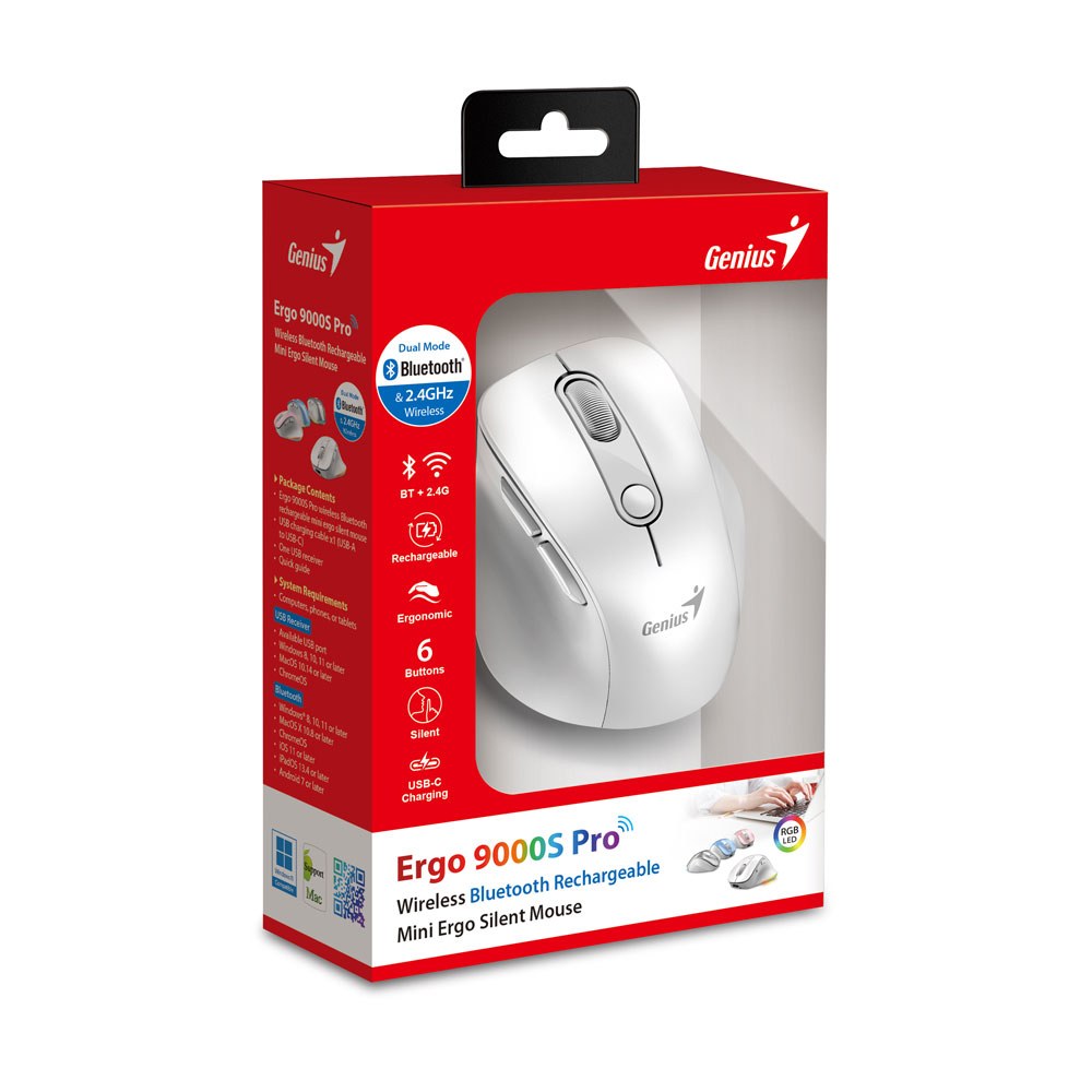 Genius - Ergo 9000S Pro Dual-Mode Wireless and Bluetooth 5.0 Rechargeable Silent Mouse — view 2