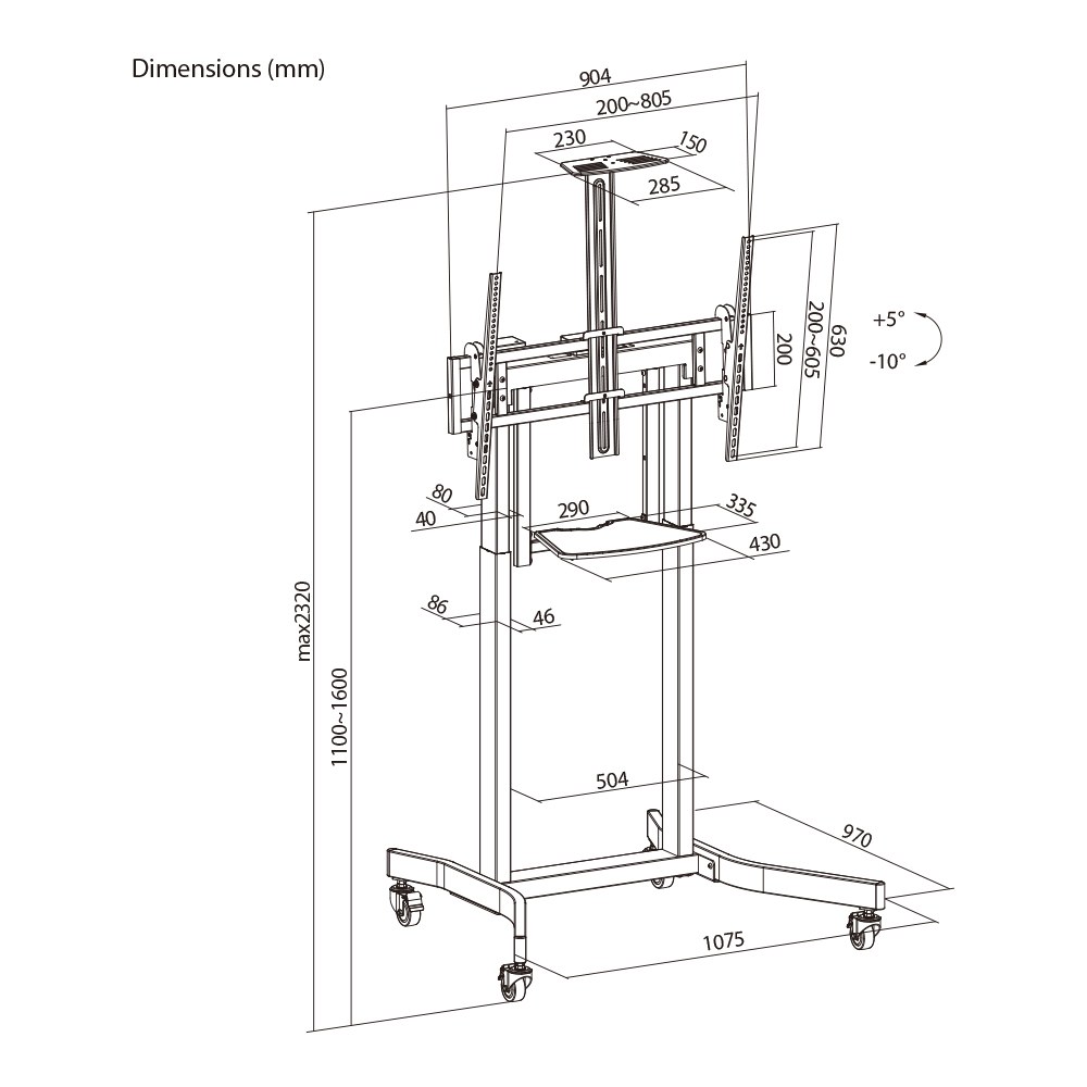 Linkqnet - TTL14-68TW 55-100″ Deluxe Motorised Large Tv Trolley With Tilt, Equipment Shelf And Camera Mount — view 6