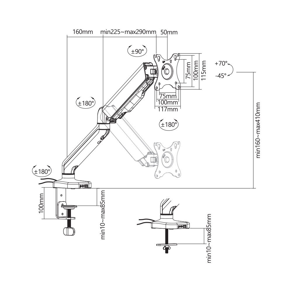 Linkqnet - LDT46-C012U 17-32″ Single Monitor Spring-Assisted Desktop Bracket With Usb And Audio Ports — view 5