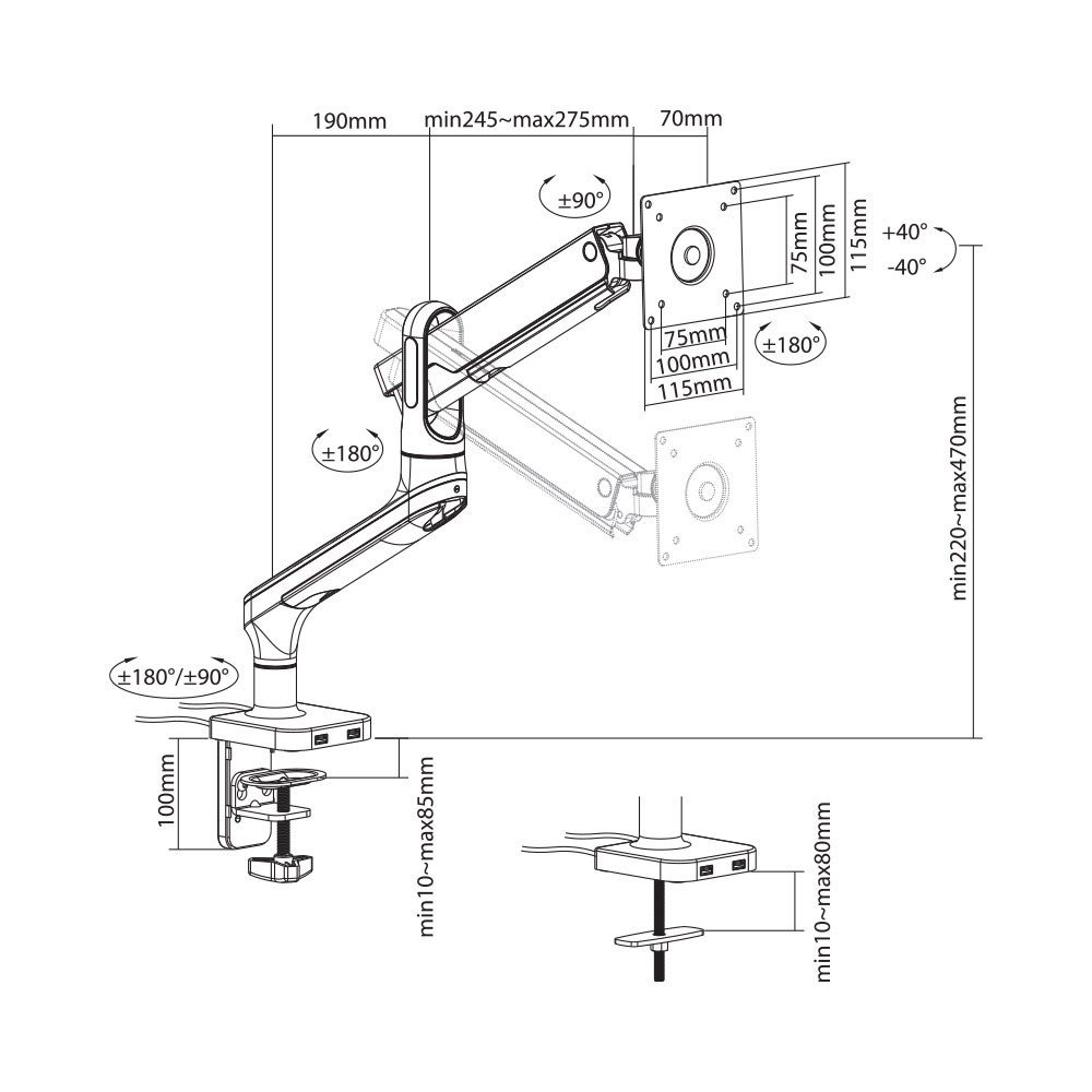 LINKQNET 17-32″ DUAL MONITOR ALUMINIUM SPRING-ASSISTED ARMS WITH USB PORTS — view 13
