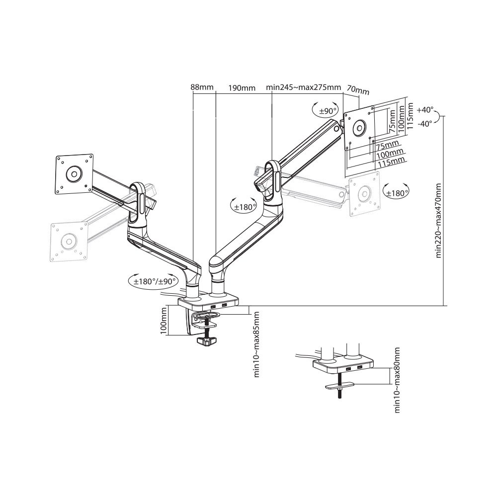 LINKQNET 17-32″ SINGLE MONITOR ALUMINIUM SPRING-ASSISTED ARM WITH USB PORTS — view 9