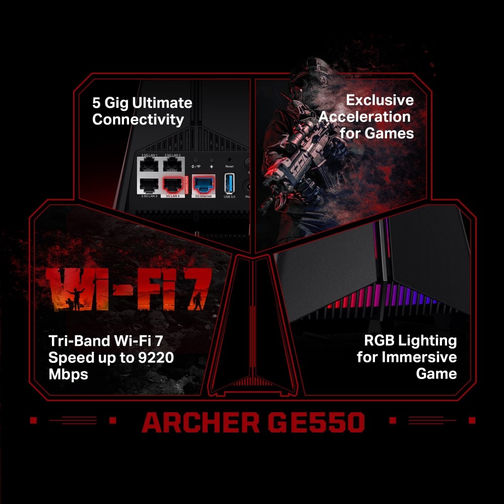TP-Link - ARCHER GE550 Be9300 Tri-Band Wi-Fi 7 Gaming Router With 5Gbe Lan/Wan Port — view 2