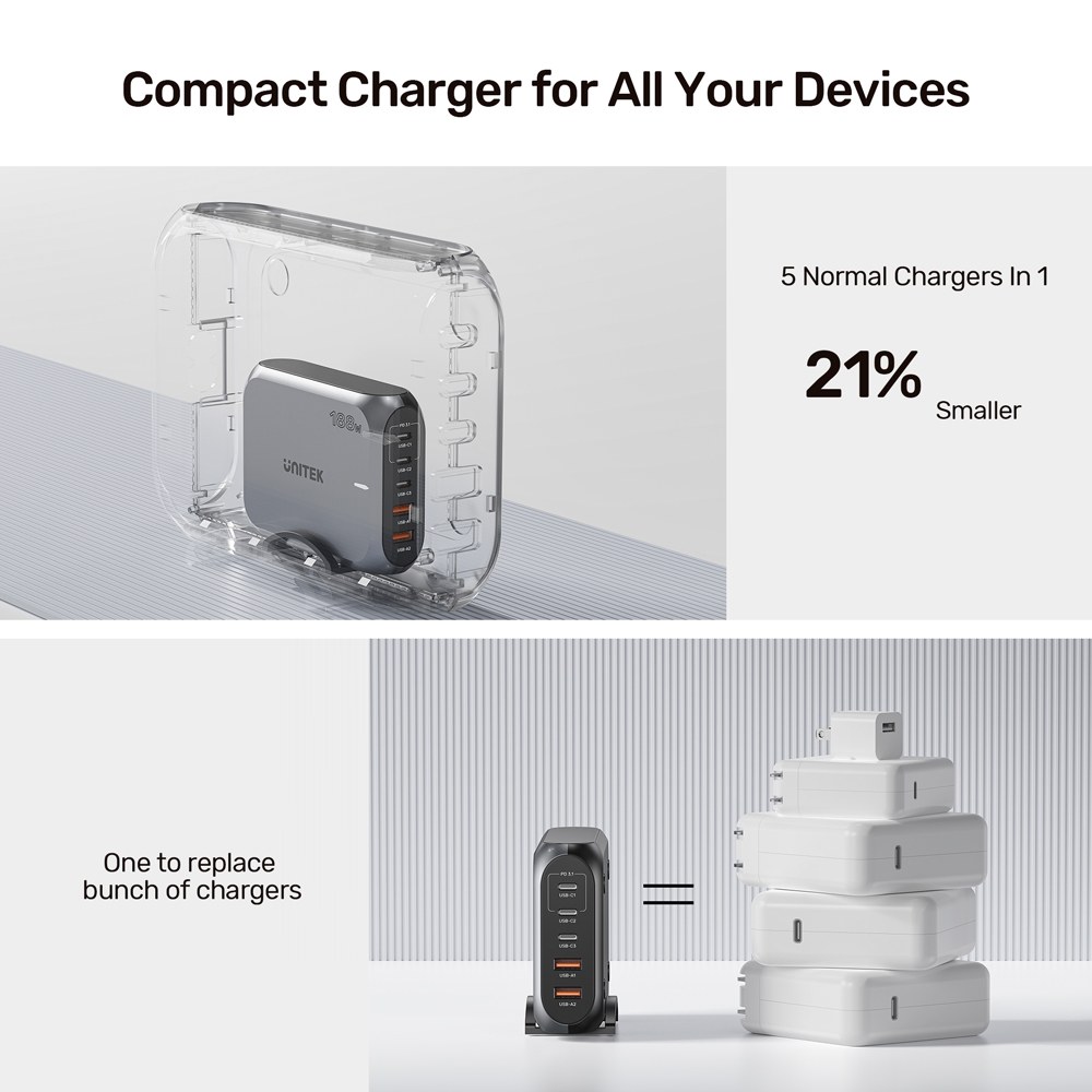 Unitek - P1234AGY 188W 5-Port Pd3.1 Desktop Gan Charging Station With Stand — view 2