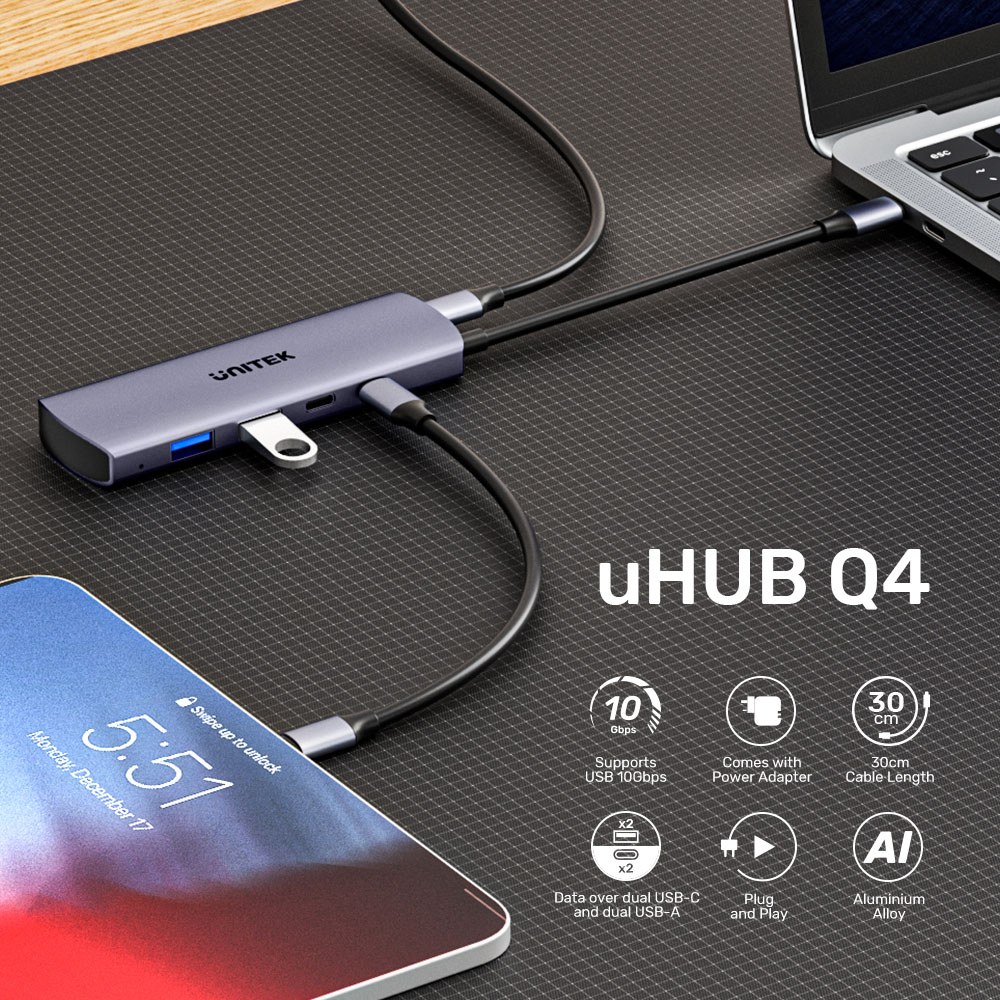 Unitek - H1112D UHUB Q4 10Gbps Usb Type-C Hub With 2X Usb Type-A And 2X Usb Type-C — view 2