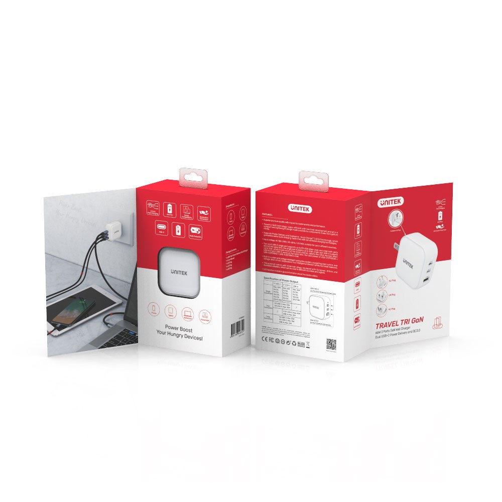 UNITEK 66W 3-PORT USB GAN TRAVEL CHARGER (US, EU, UK, AU) WITH PD AND QC3.0 (P1108A) — view 3