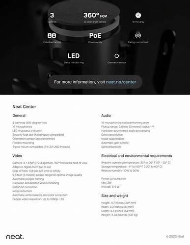 Neat - 360° companion device extending Neat Symmetry, providing optimal sound and views of meeting room participants. For placement on a table, mounted or hung from above. Ethernet cable incl. Does not incl POE (sold separately) — view 4