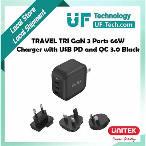 UNITEK 66W 3-PORT USB GaN Travel Charger (US, EU, UK) — view 2