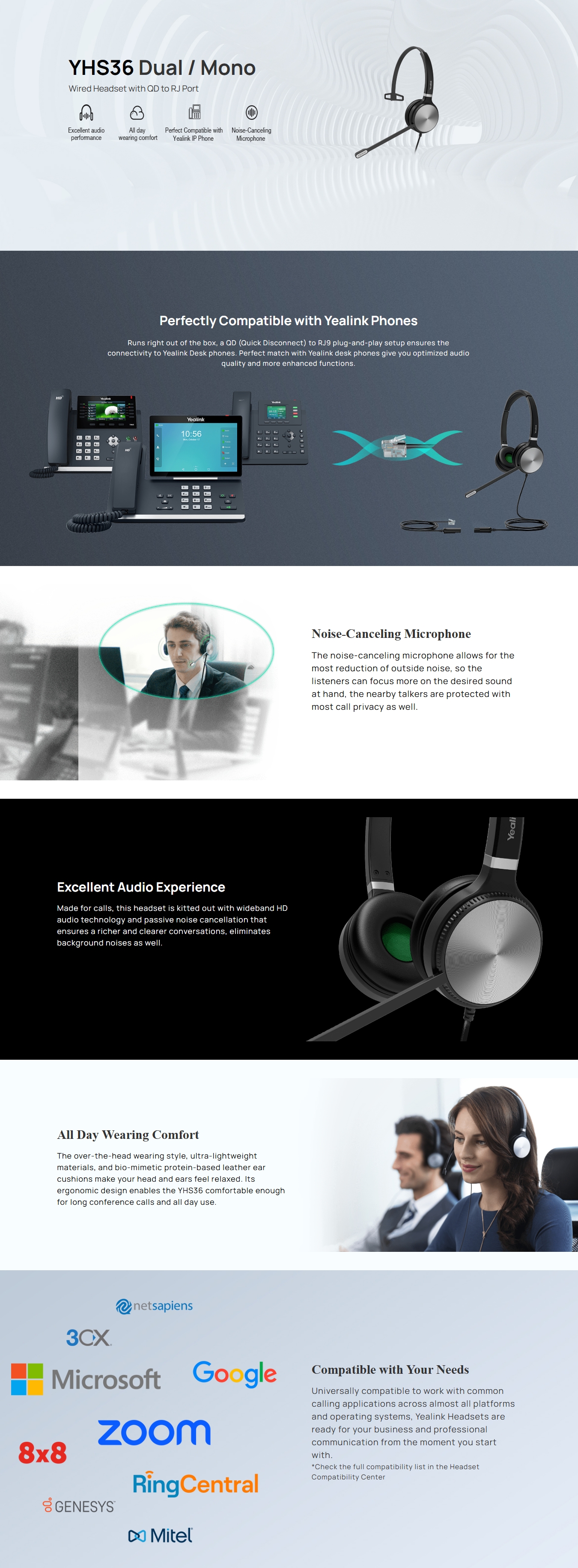 Yealink - YHS36 E2 Dual Headset With RJ-9 And Noise Cancelling Microphone And Leatherette Ear Cushions — view 2