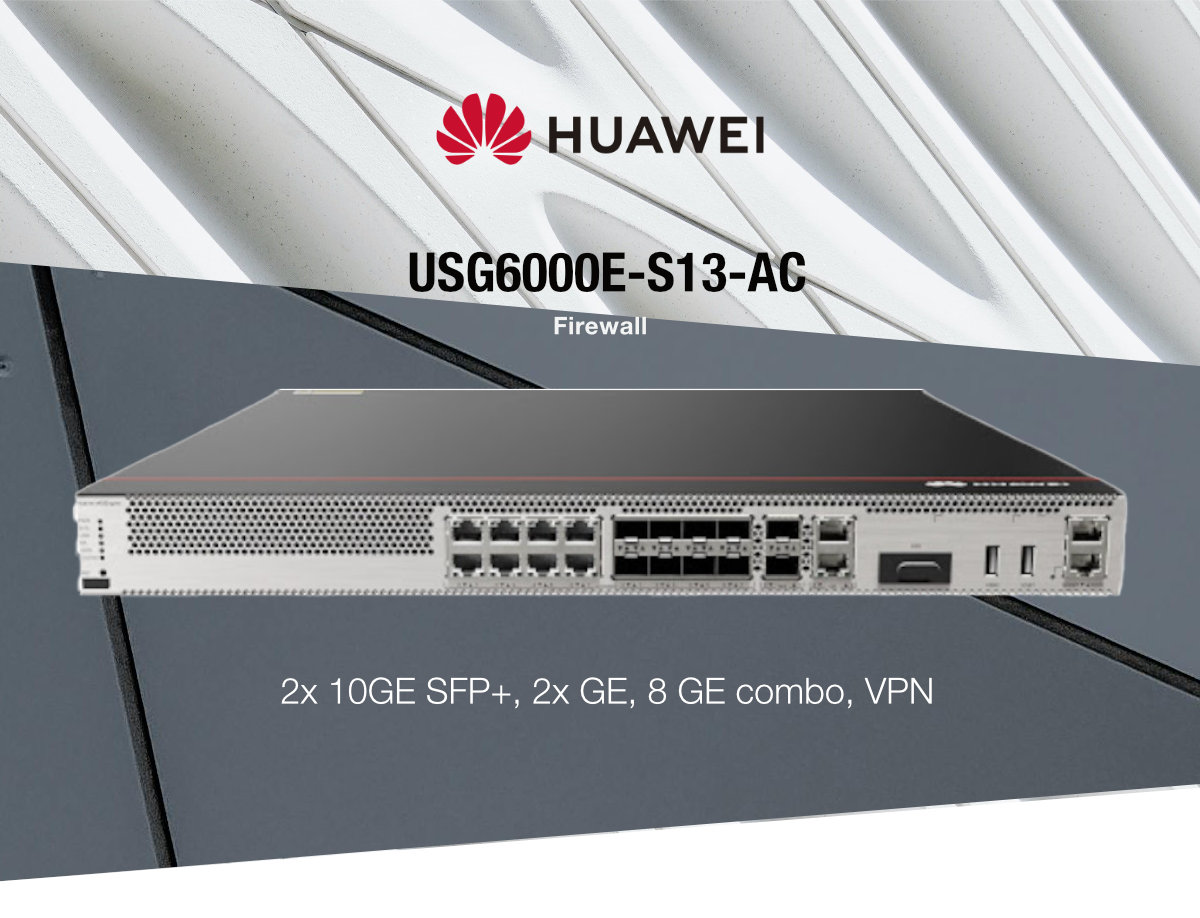 Huawei - USG6000E-S13-AC 2 x GE RJ45 + 8*GE COMBO + 2 x 10GE SFP+,1 AC power,Include SSL VPN 100 Users