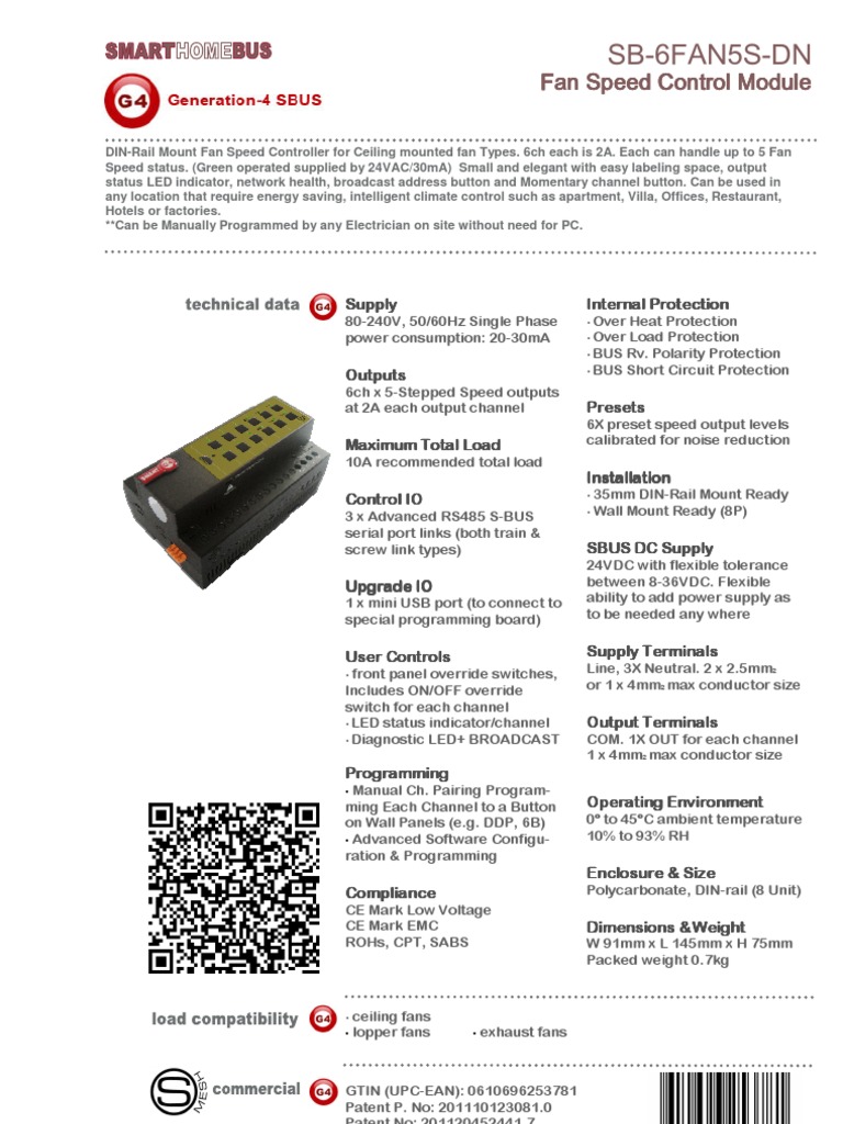 SmartBus - SB-6FAN5S-DN 6-Channel Fan Controller, 5-Speed